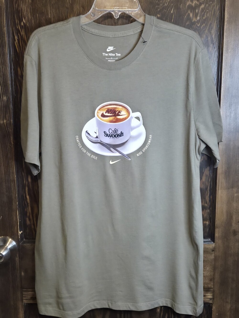NWOT Nike Men’s "Cafe Swoosh Mug" Olive Graphic Tee